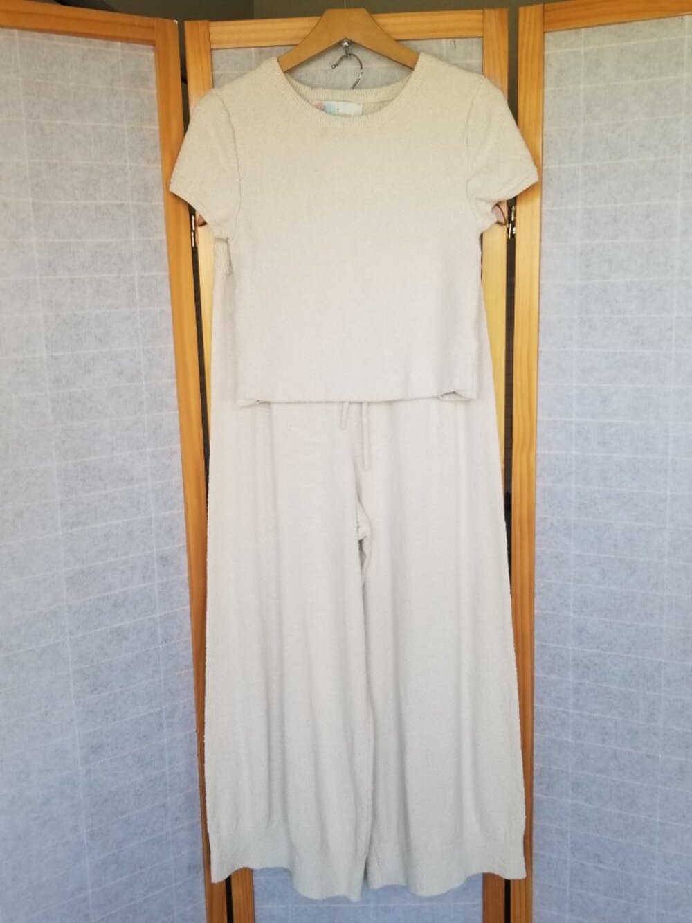 Free People Beach Two Piece Set Tiny Tee and Wide Leg Pants Ivory French Terry L